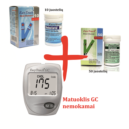 Easy Touch GC (nemokamai) + Gliukozės juostelės (50 vnt.) + Cholesterolio juostelės (10 vnt.)
