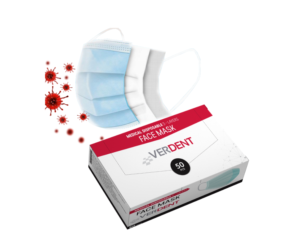 Vienkartinė chirurginė medicininė kaukė 3-jų sluoksnių veido kaukė II tipo (50 vnt)